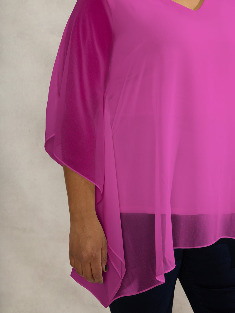 Magenta Chiffon V Neck Overlay Top
