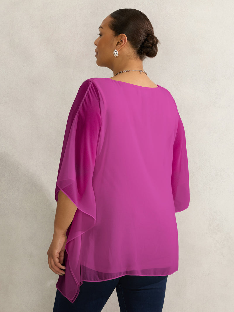 Magenta Chiffon V Neck Overlay Top