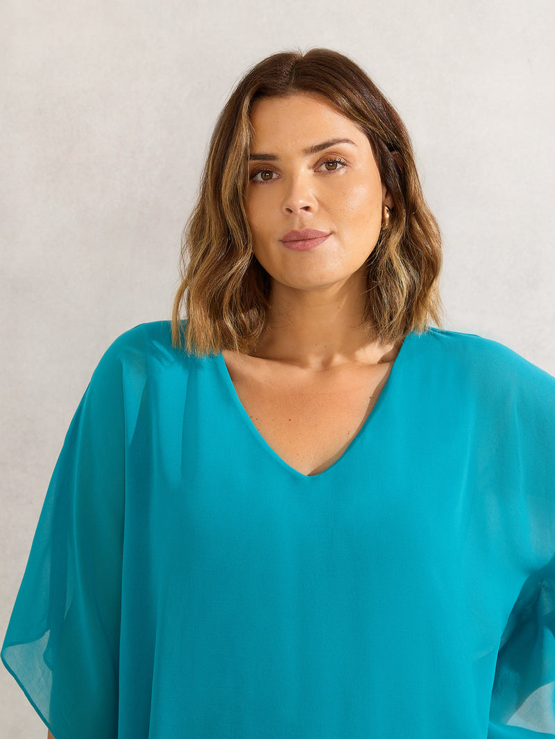 Turquoise Chiffon V Neck Overlay Top