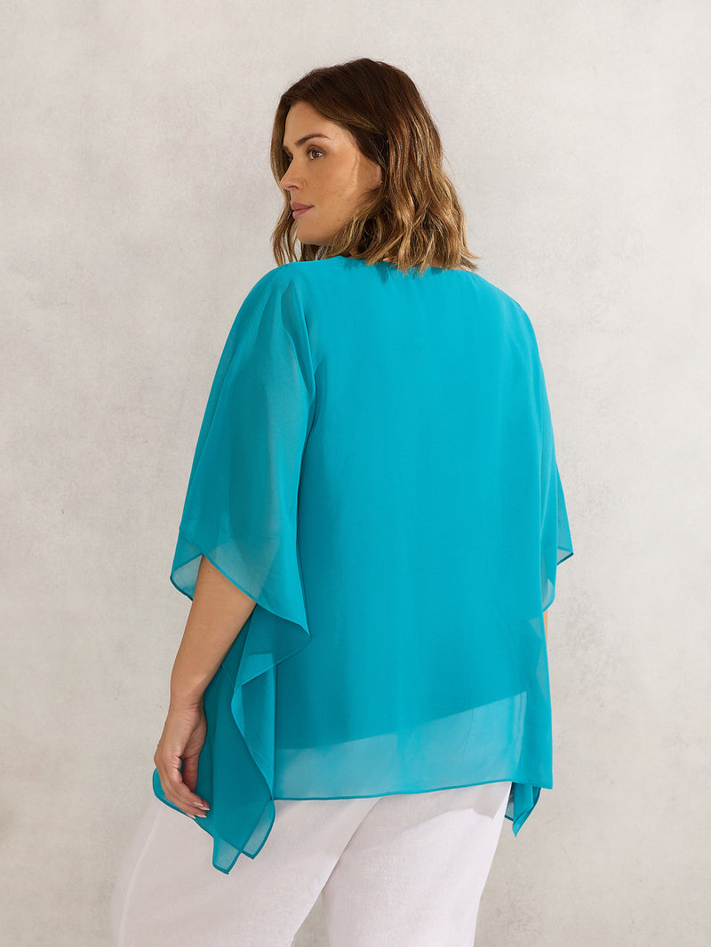 Turquoise Chiffon V Neck Overlay Top