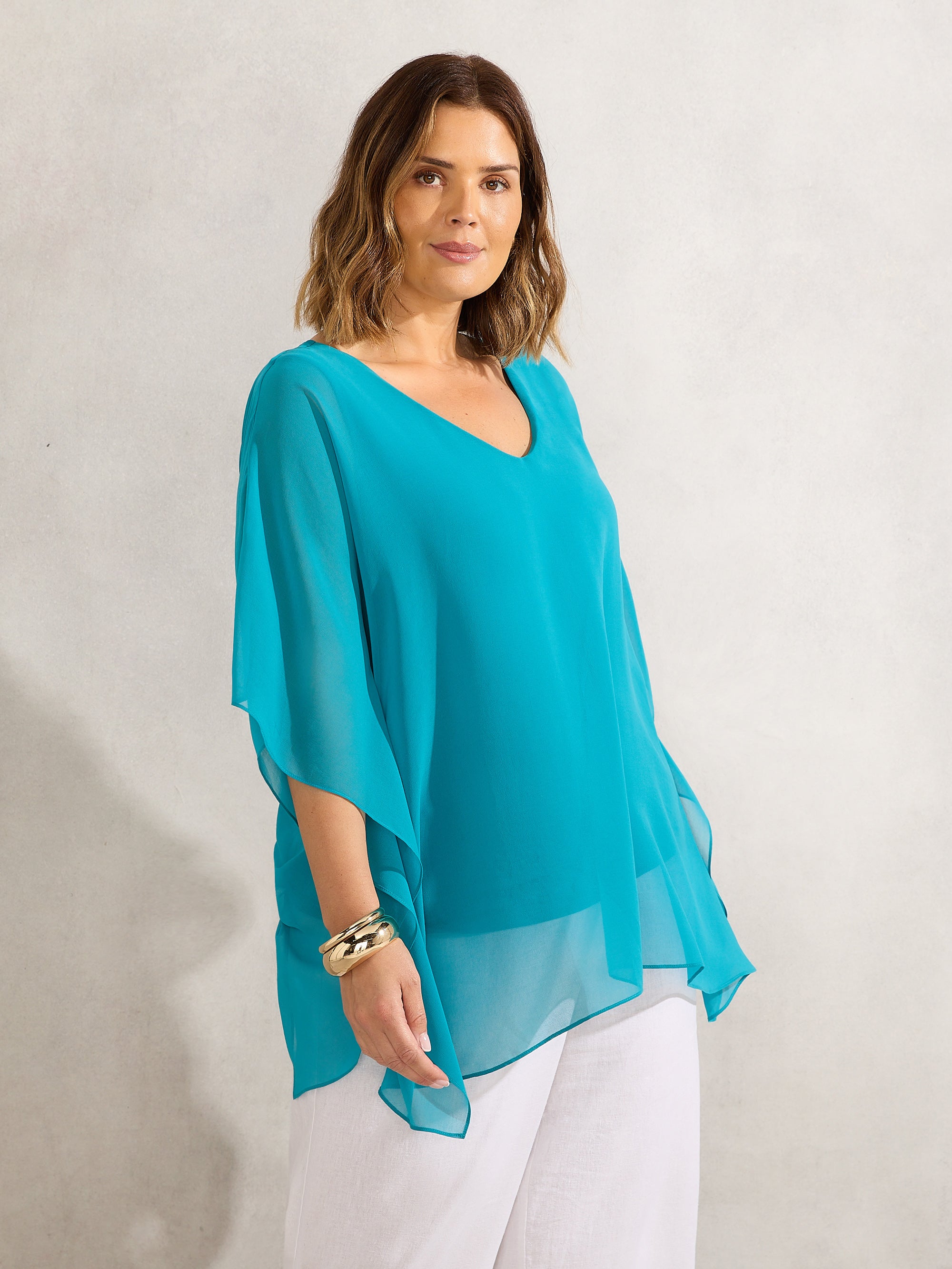 Turquoise Chiffon V Neck Overlay Top