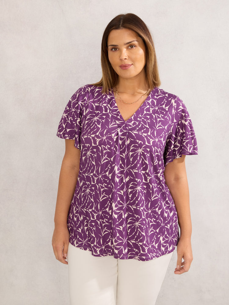 Purple Leaf Jersey Pleat Front Flutter Sleeve Top