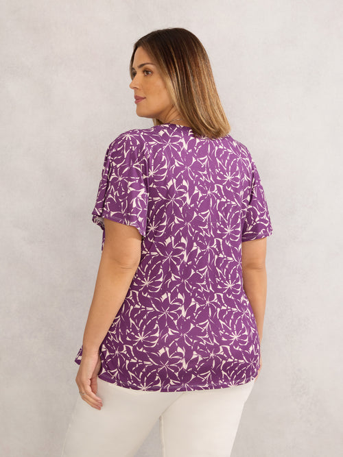 Purple Leaf Jersey Pleat Front Flutter Sleeve Top