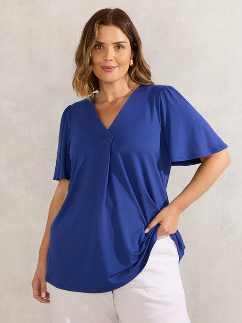 Blue Jersey Pleat Front Flutter Sleeve Top