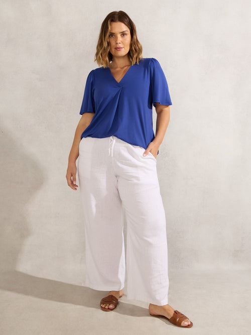 Blue Jersey Pleat Front Flutter Sleeve Top