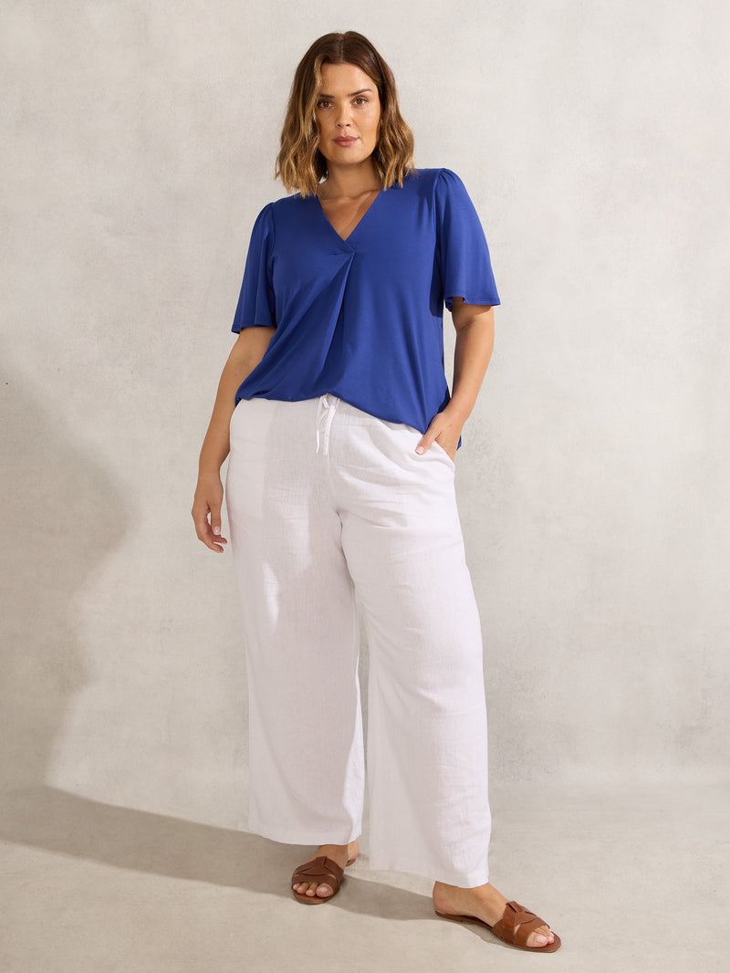 Blue Jersey Pleat Front Flutter Sleeve Top