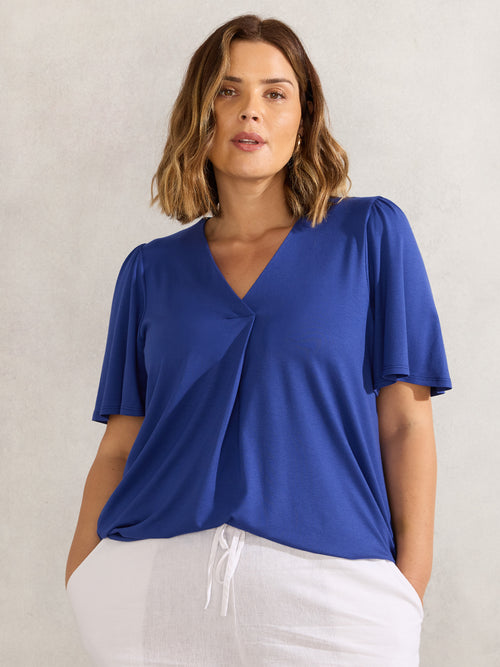 Blue Jersey Pleat Front Flutter Sleeve Top