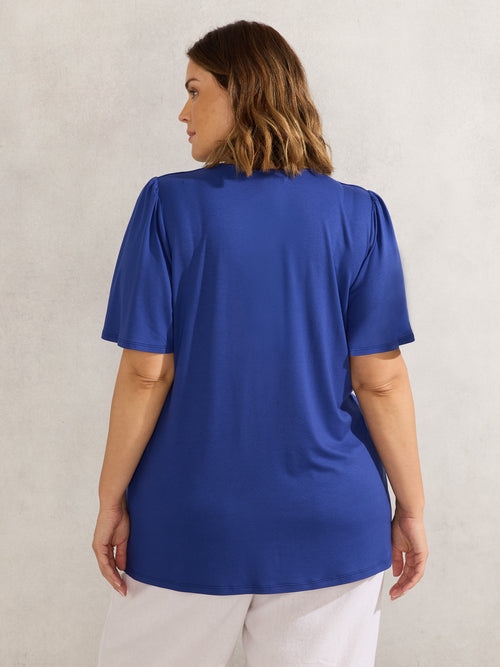 Blue Jersey Pleat Front Flutter Sleeve Top