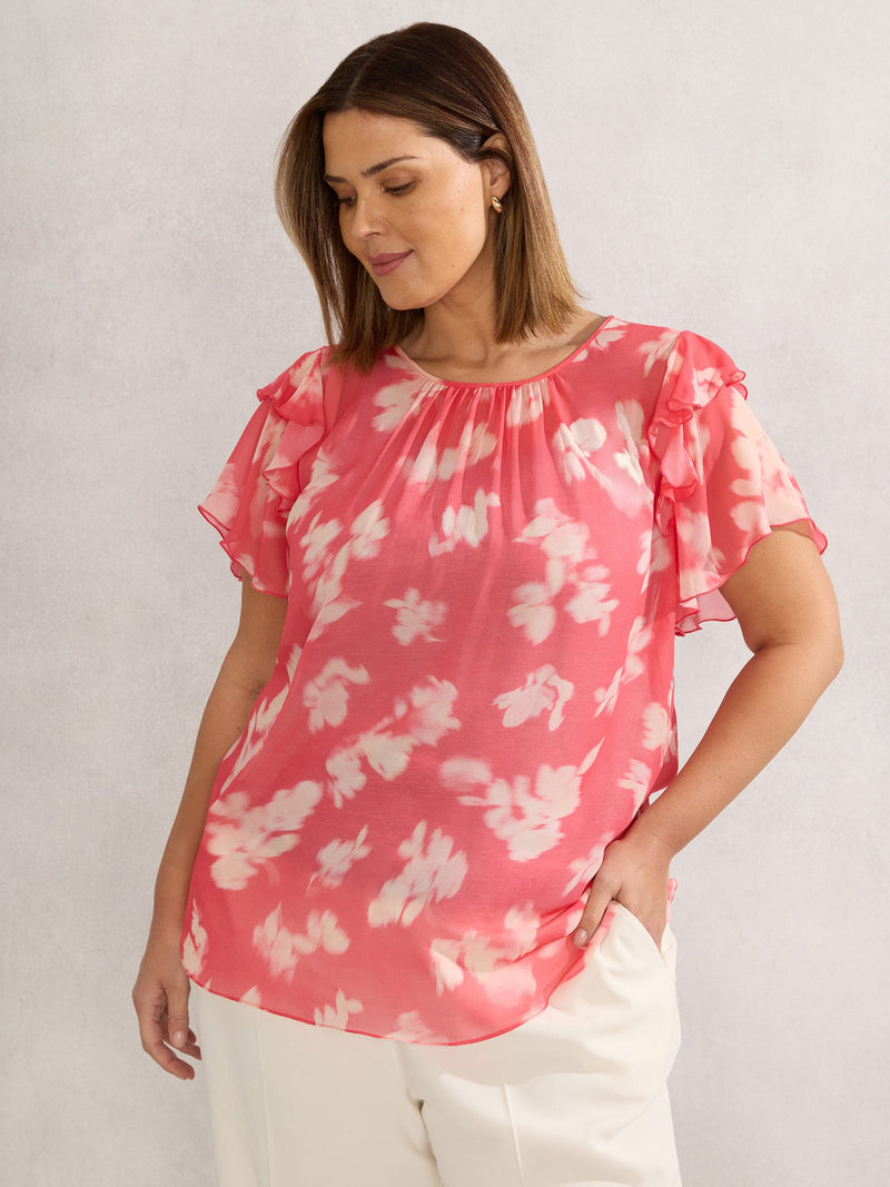 Coral Floral Print Ruffle Overlay Blouse