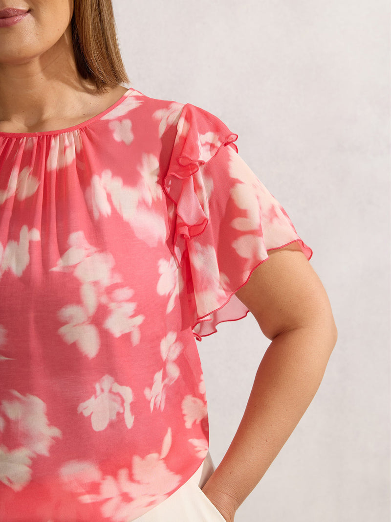 Coral Floral Print Ruffle Overlay Blouse