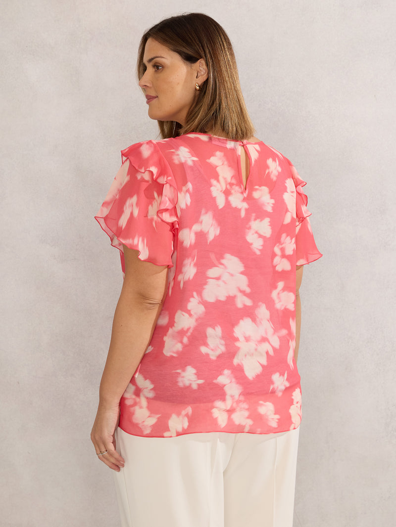 Coral Floral Print Ruffle Overlay Blouse