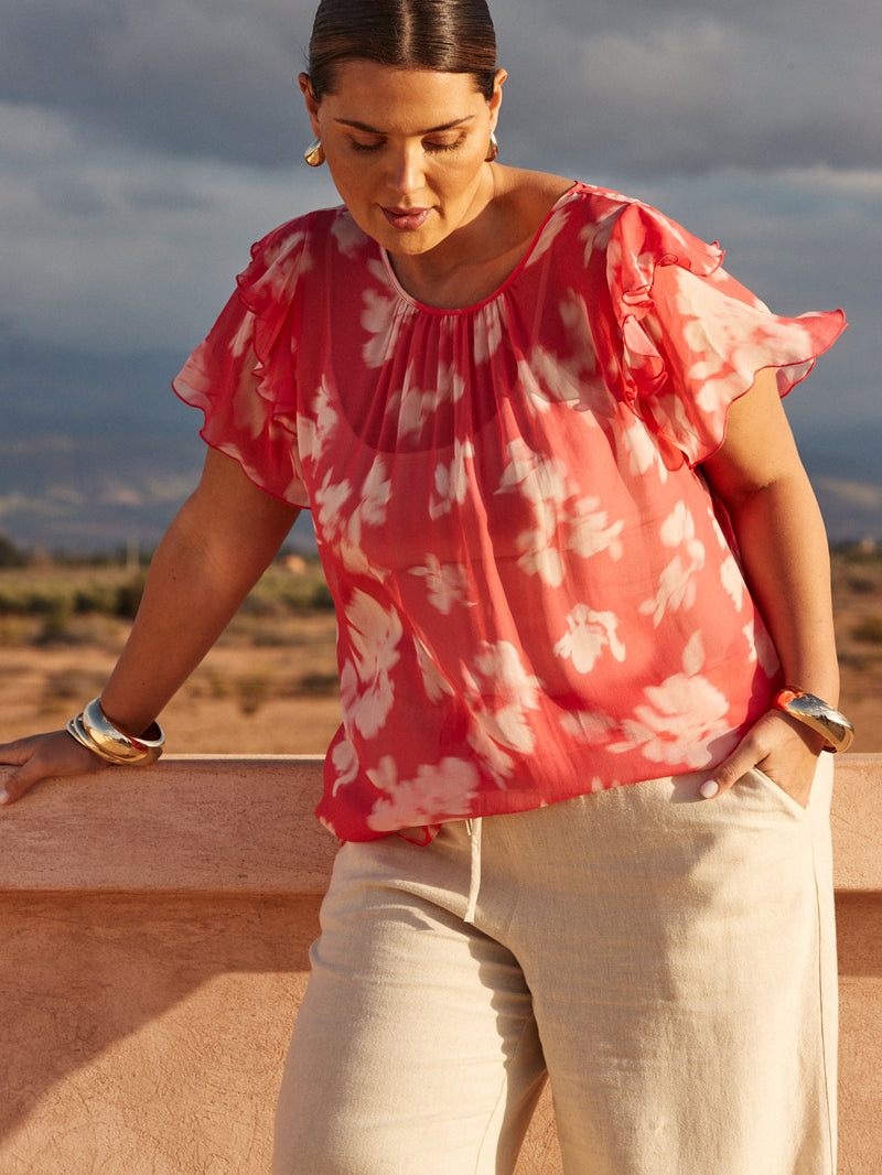 Coral Floral Print Ruffle Overlay Blouse