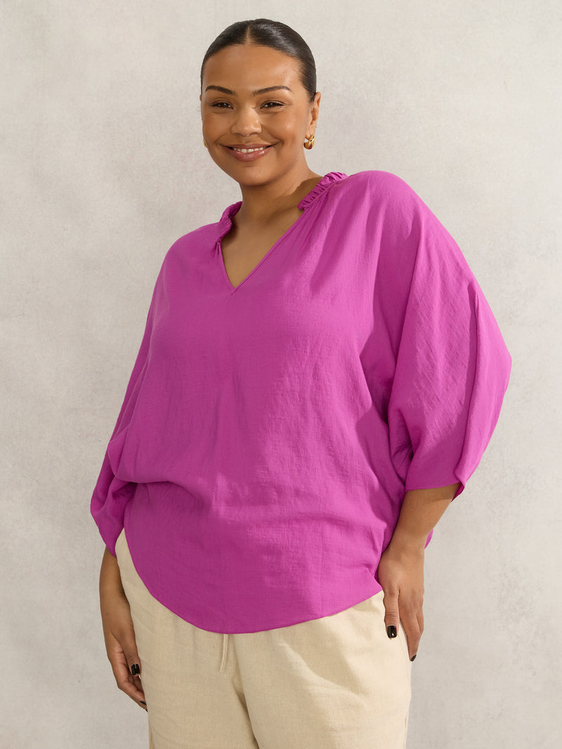 Magenta Dolman Sleeve Gathered Neck Top