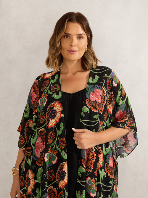 Multi Floral Print Longline Kimono