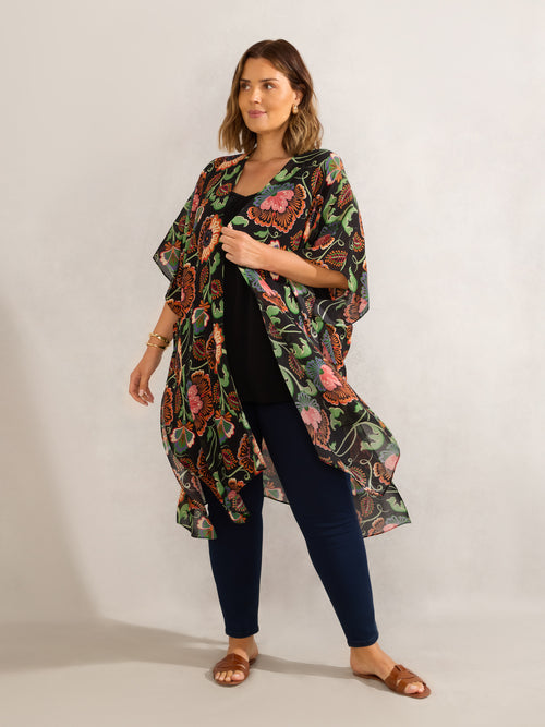 Multi Floral Print Longline Kimono