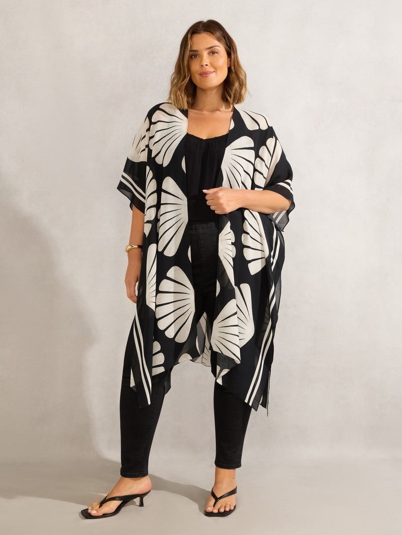Black Shell Print Longline Kimono