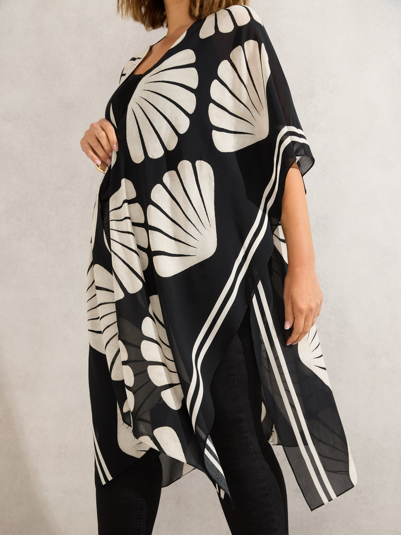 Black Shell Print Longline Kimono
