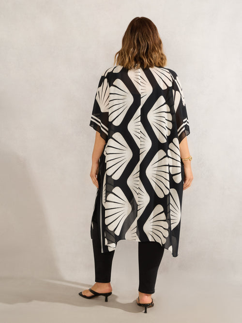 Black Shell Print Longline Kimono