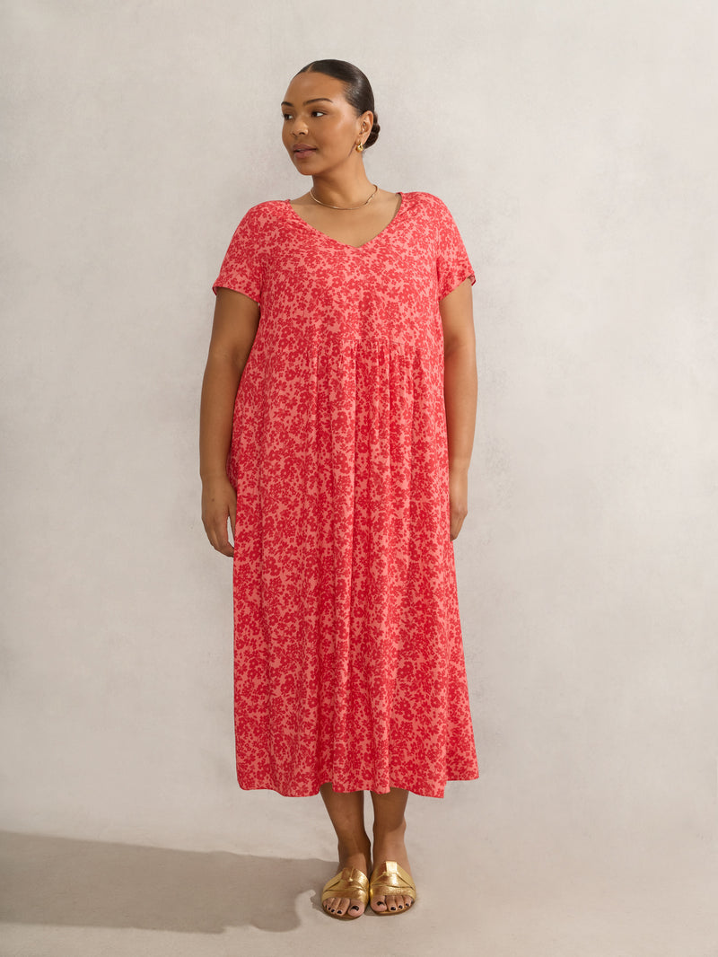 Pink Ditsy Short Sleeve Midi Dress