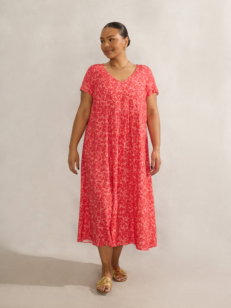 Pink Ditsy Short Sleeve Midi Dress