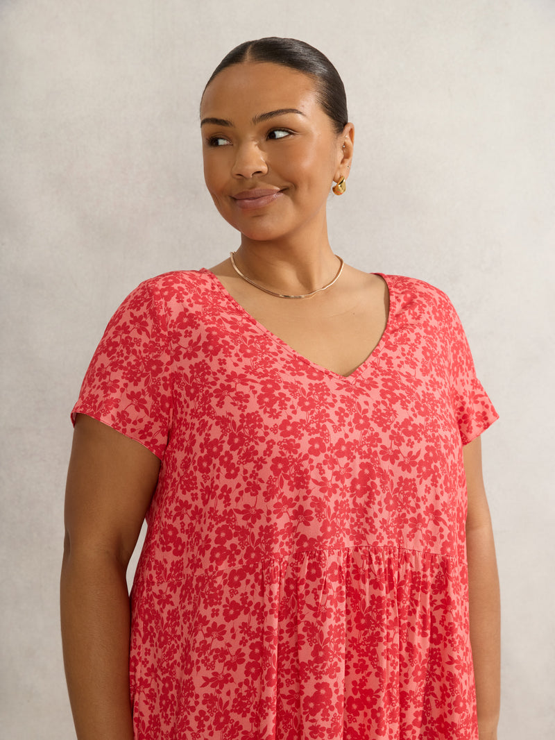 Pink Ditsy Short Sleeve Midi Dress