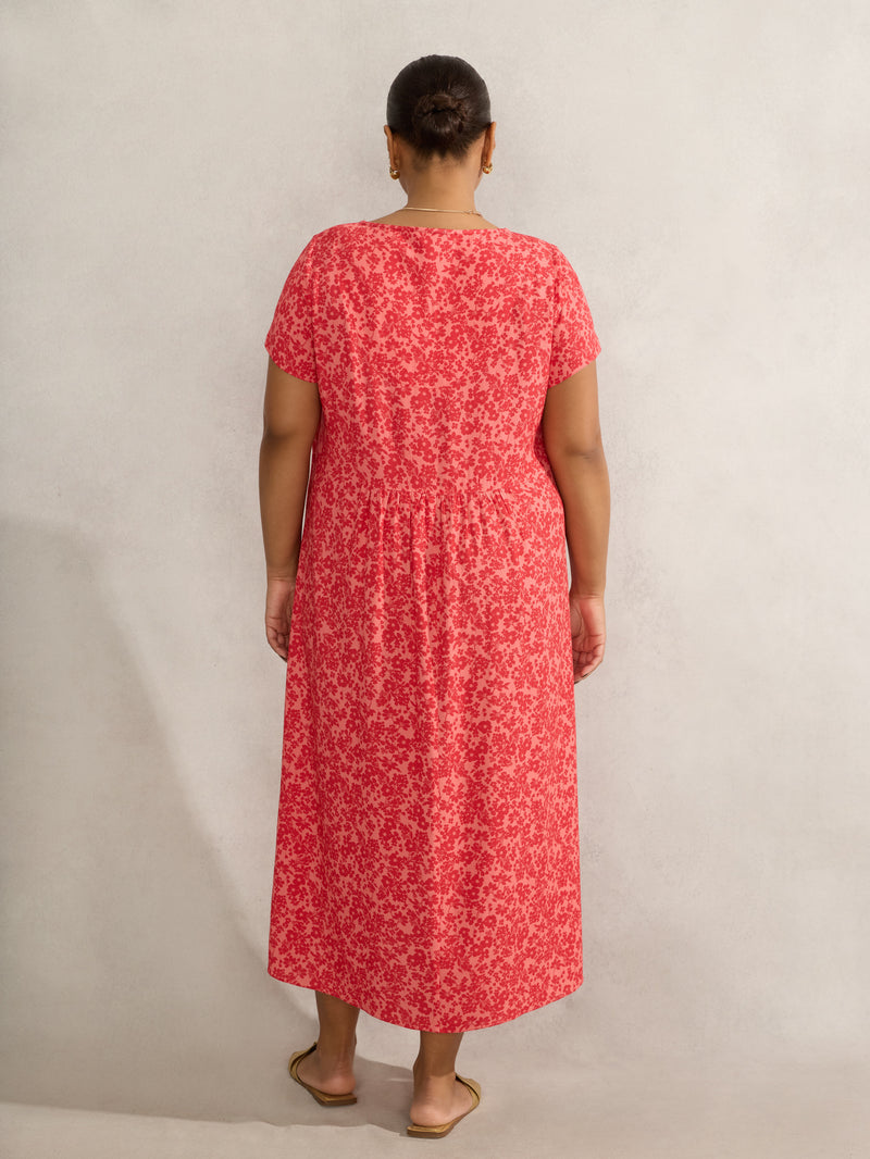 Pink Ditsy Short Sleeve Midi Dress