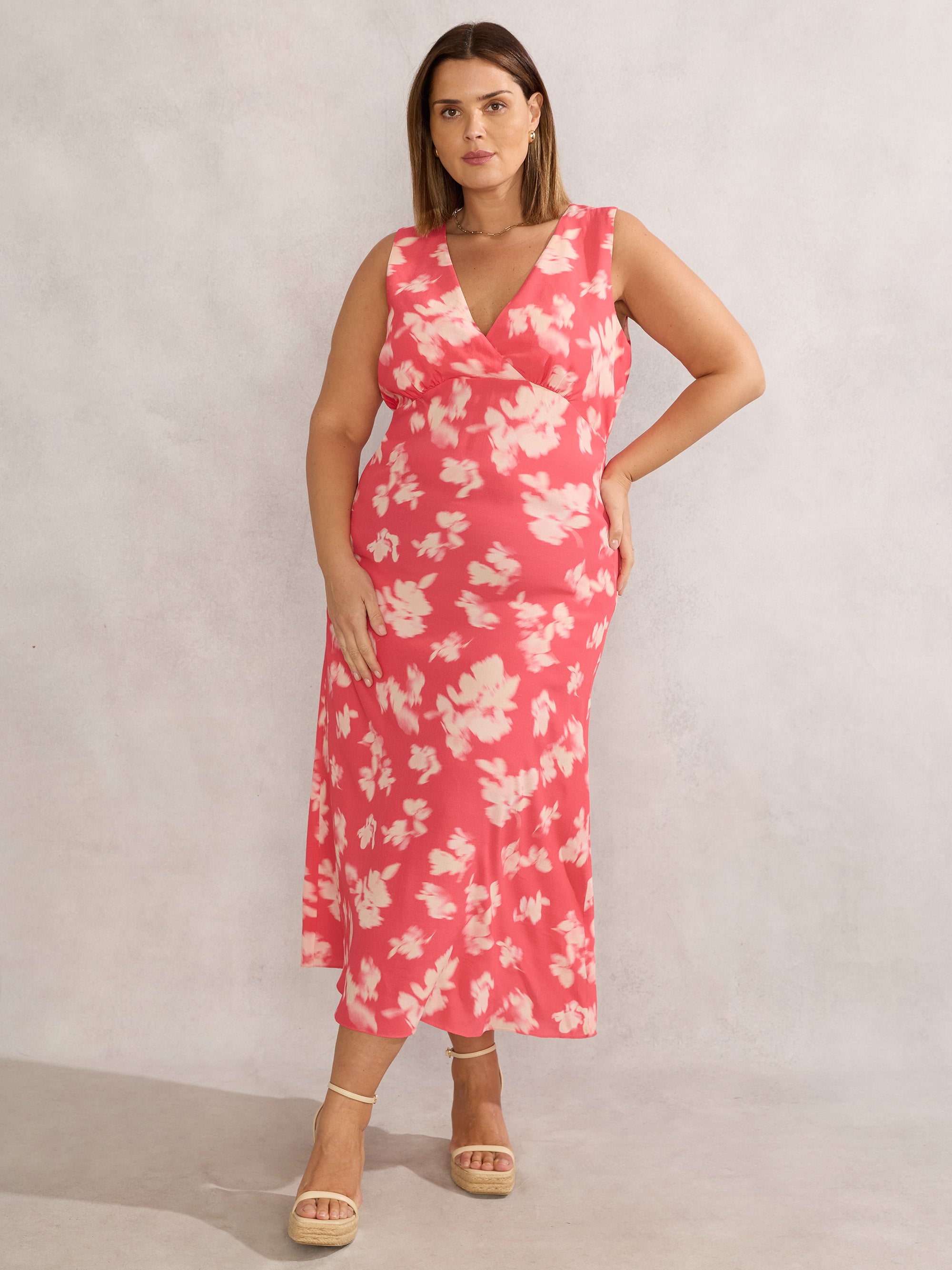 Coral Floral Print Sleeveless Midi Dress With Neck Scarf