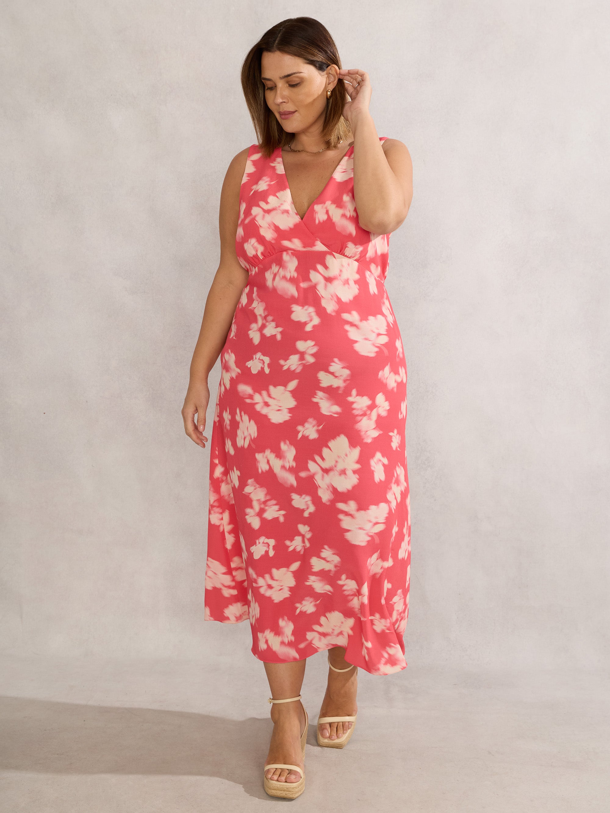 Coral Floral Print Sleeveless Midi Dress With Neck Scarf