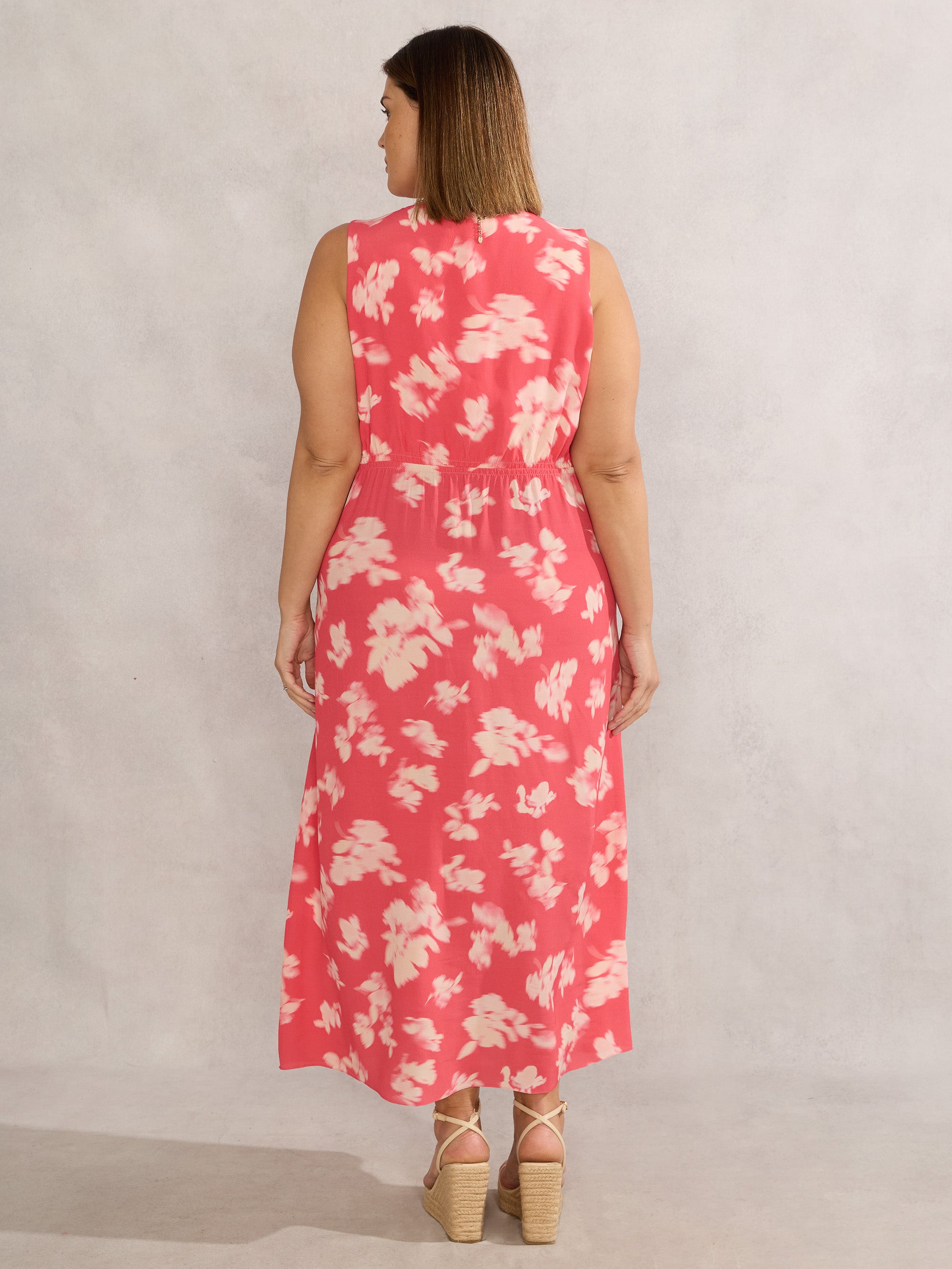 Coral Floral Print Sleeveless Midi Dress With Neck Scarf