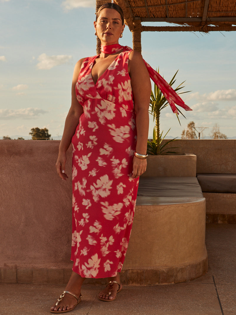 Coral Floral Print Sleeveless Midi Dress With Neck Scarf