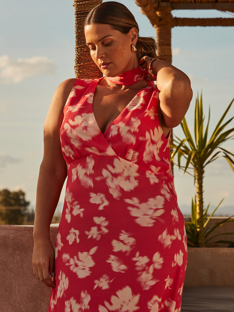 Coral Floral Print Sleeveless Midi Dress With Neck Scarf