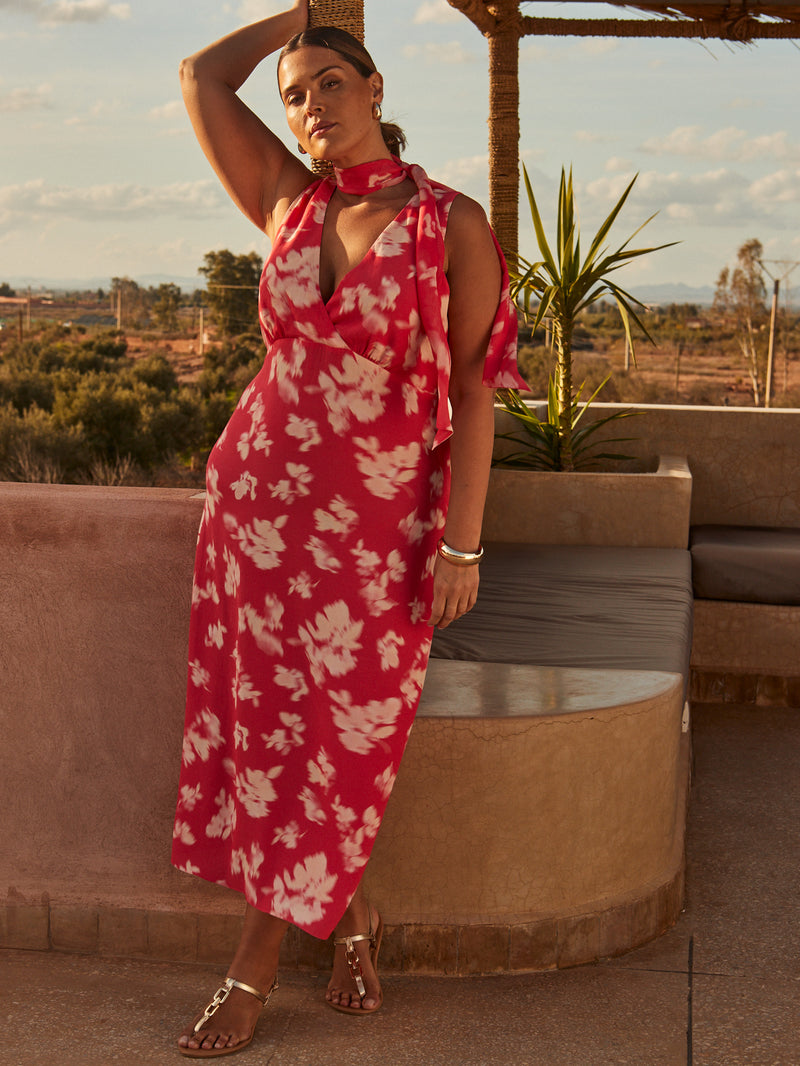 Coral Floral Print Sleeveless Midi Dress With Neck Scarf