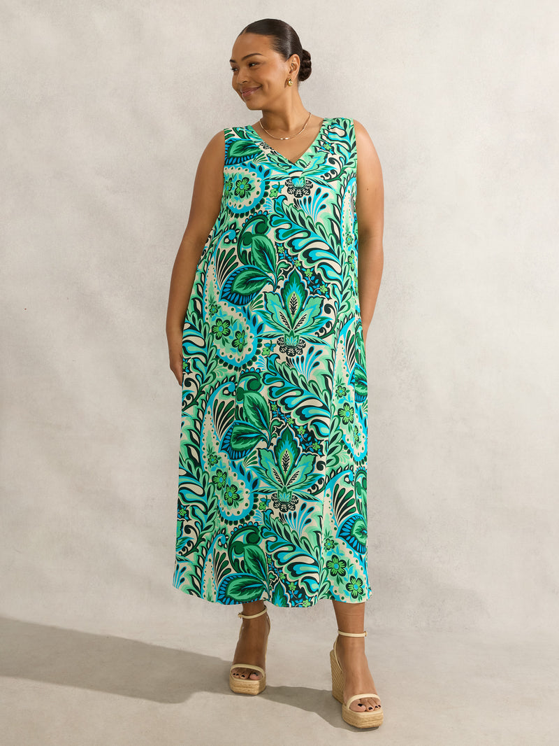 Green Paisley Print Sleeveless Midi Dress