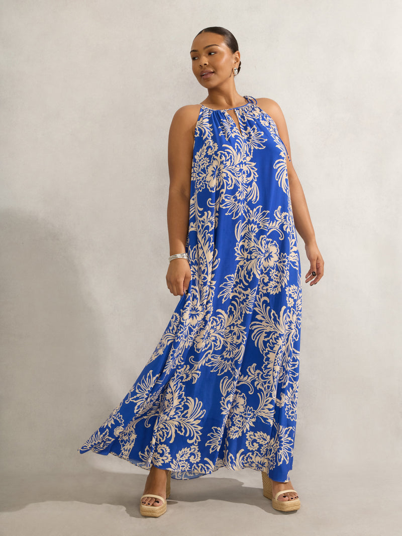 Blue Floral Print Halter Neck Maxi Dress