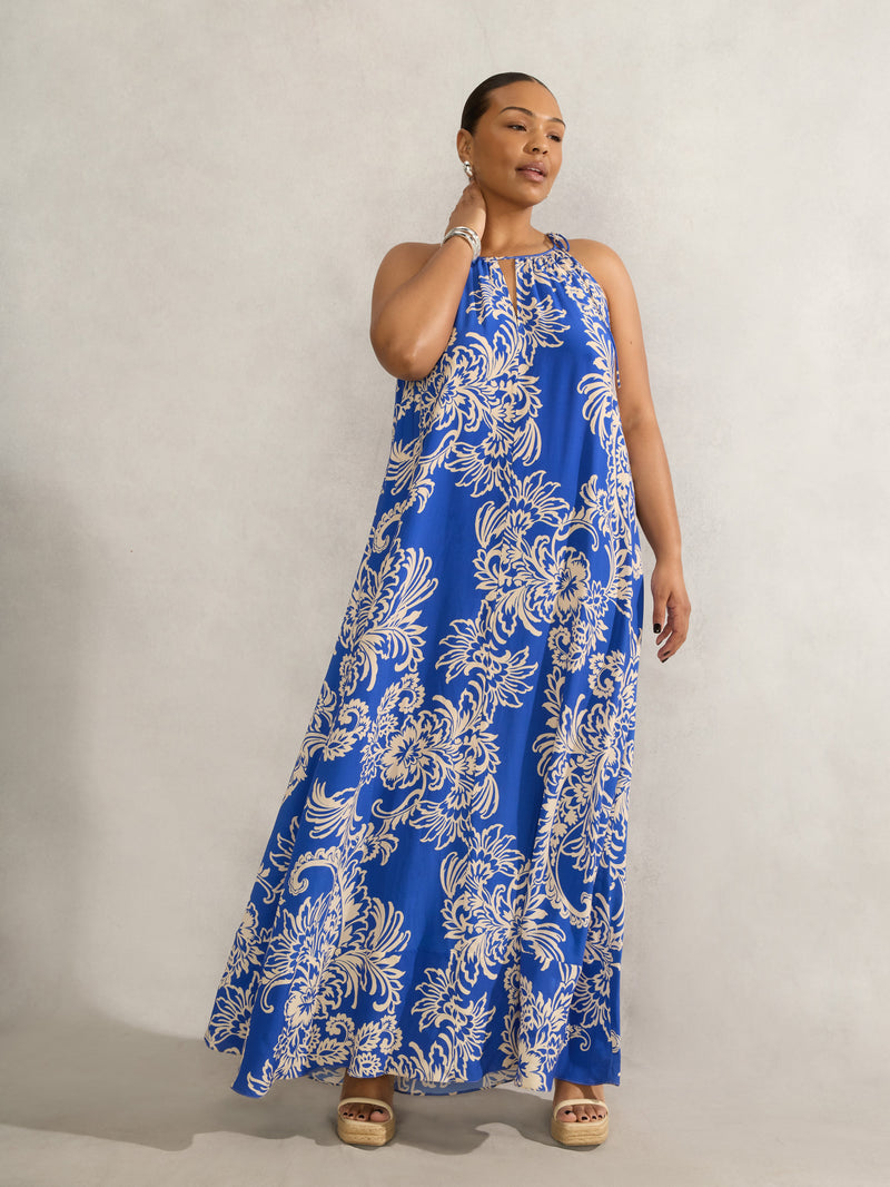 Blue Floral Print Halter Neck Maxi Dress