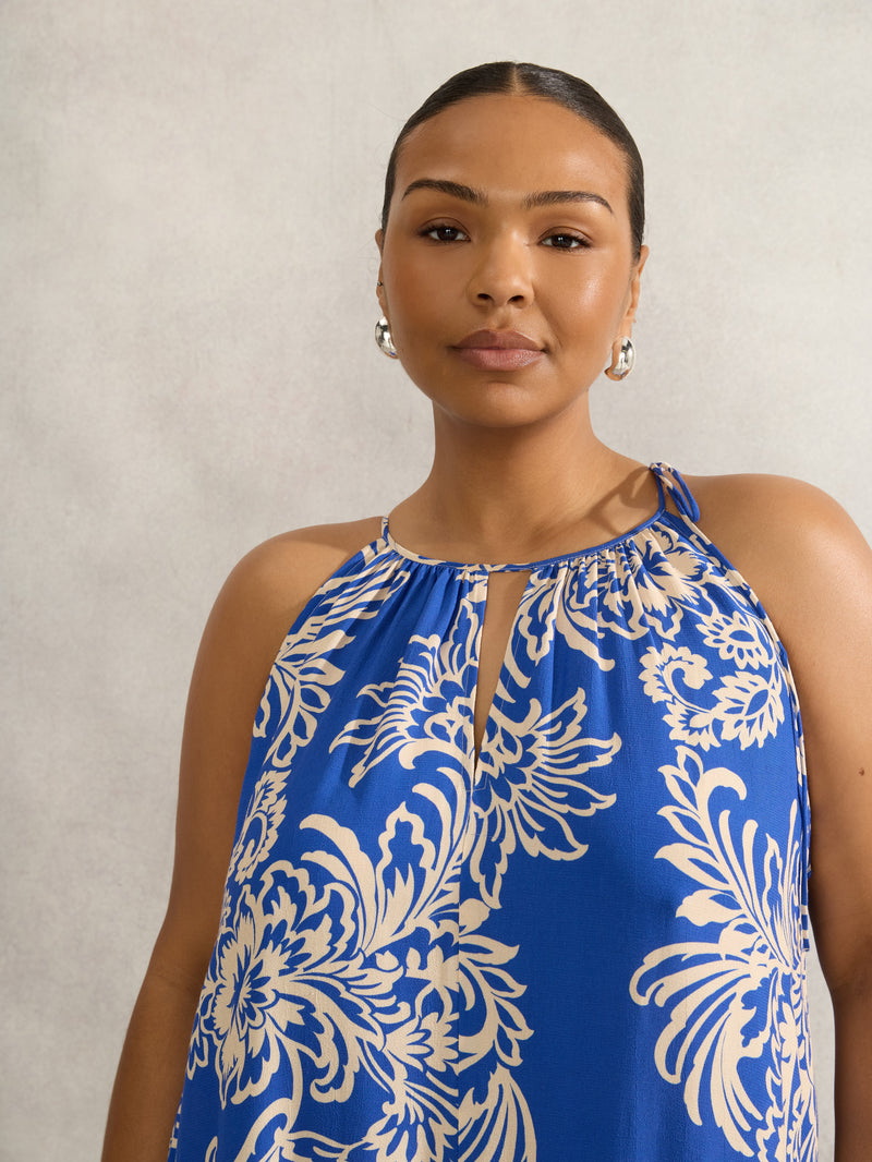 Blue Floral Print Halter Neck Maxi Dress