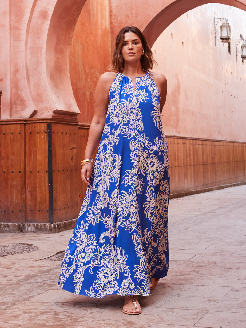 Blue Floral Print Halter Neck Maxi Dress