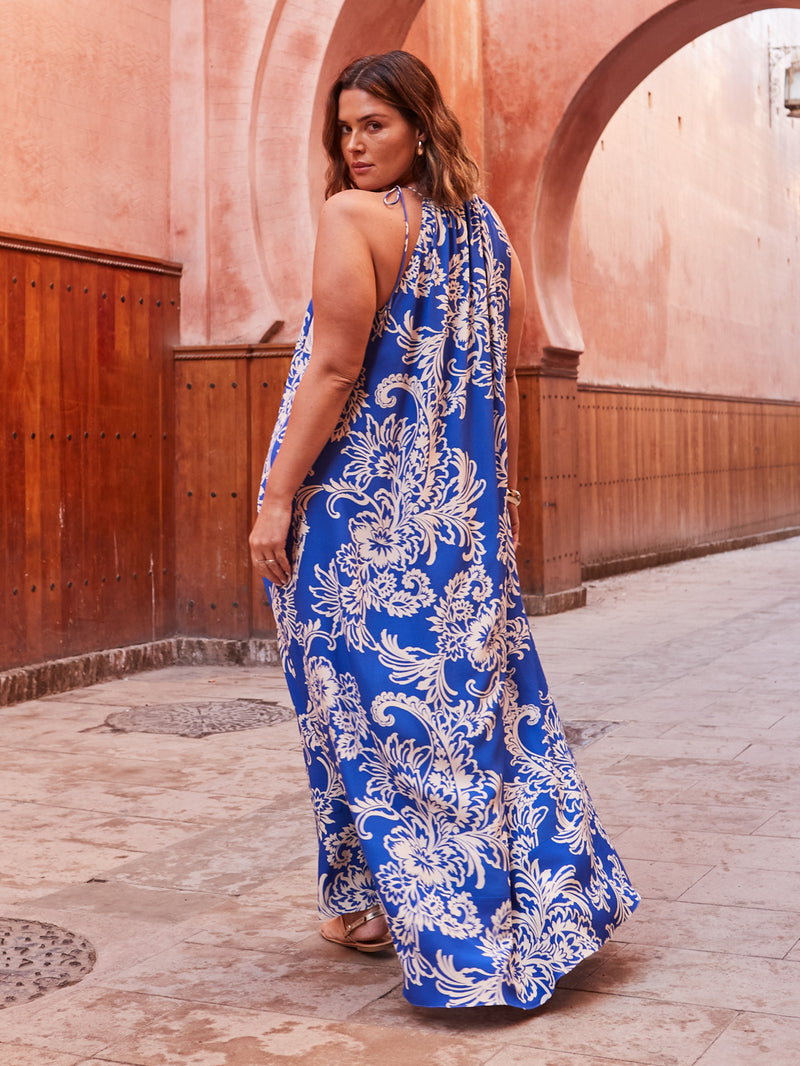 Blue Floral Print Halter Neck Maxi Dress