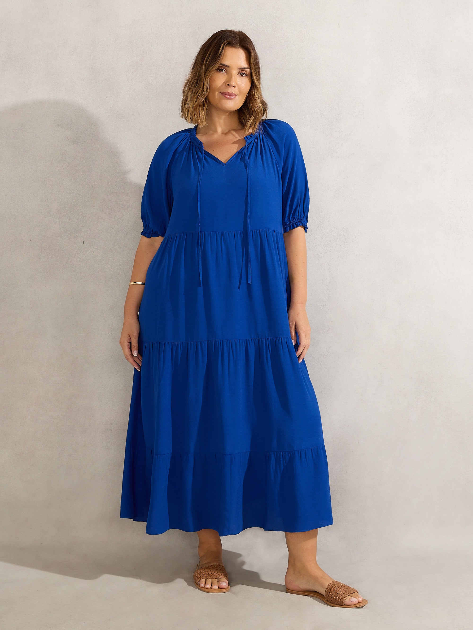 Blue Tiered V Neck Midiaxi Dress