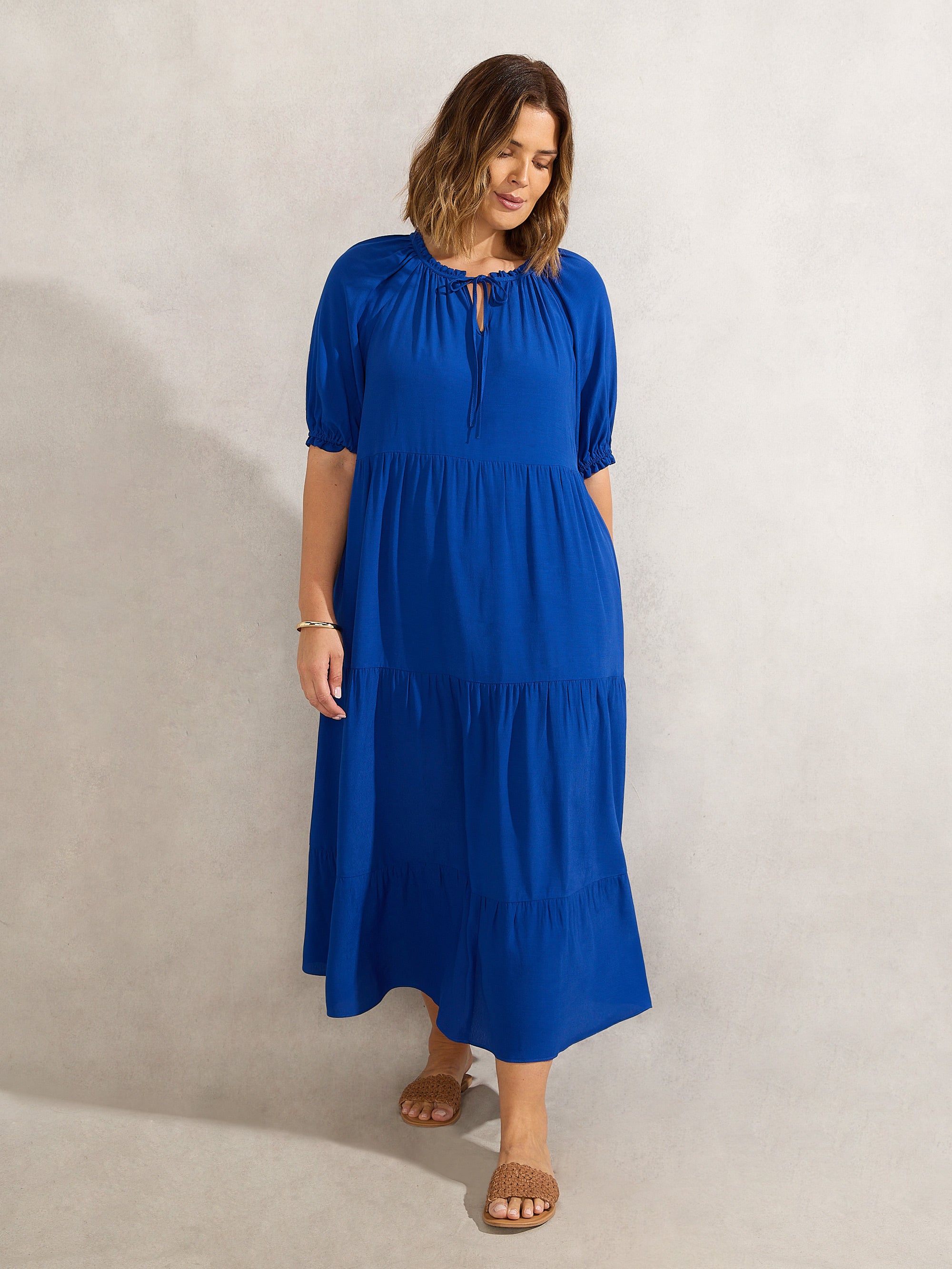 Blue Tiered V Neck Midiaxi Dress