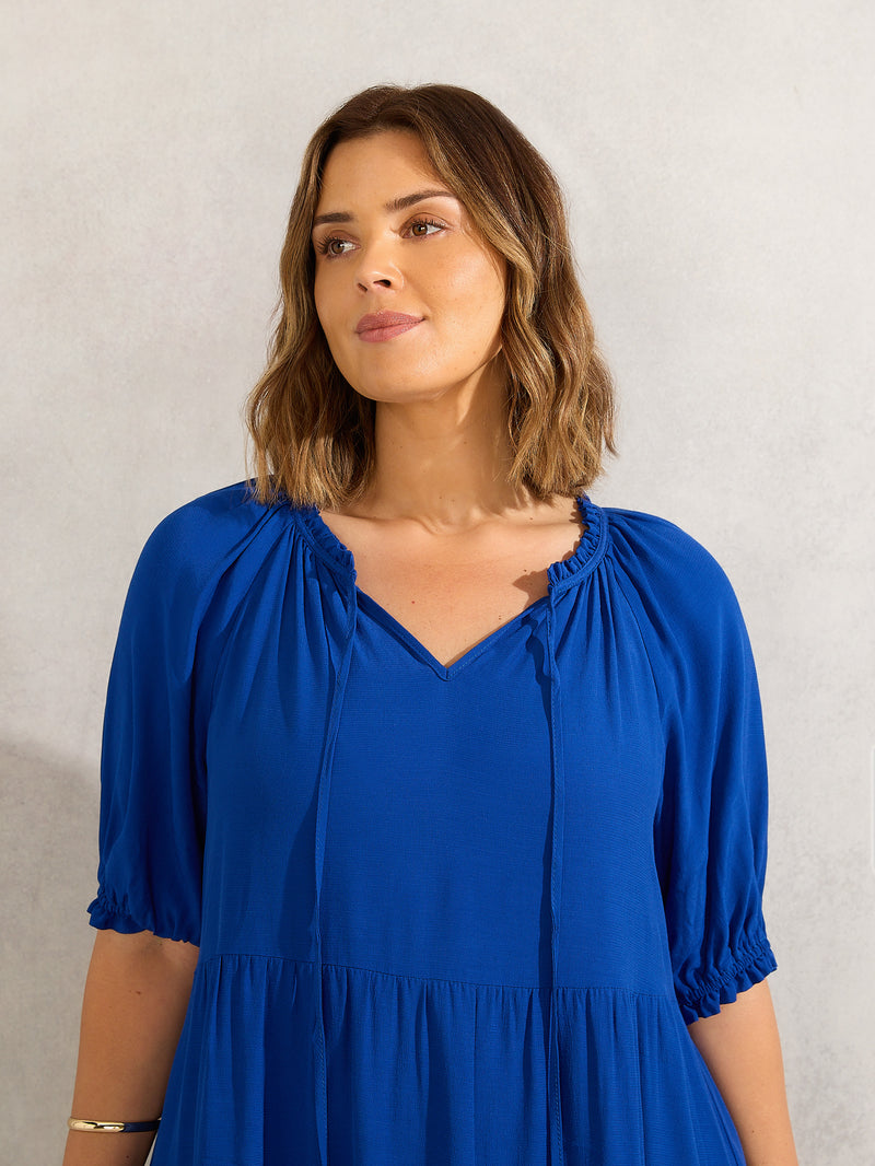Blue Tiered V Neck Midiaxi Dress