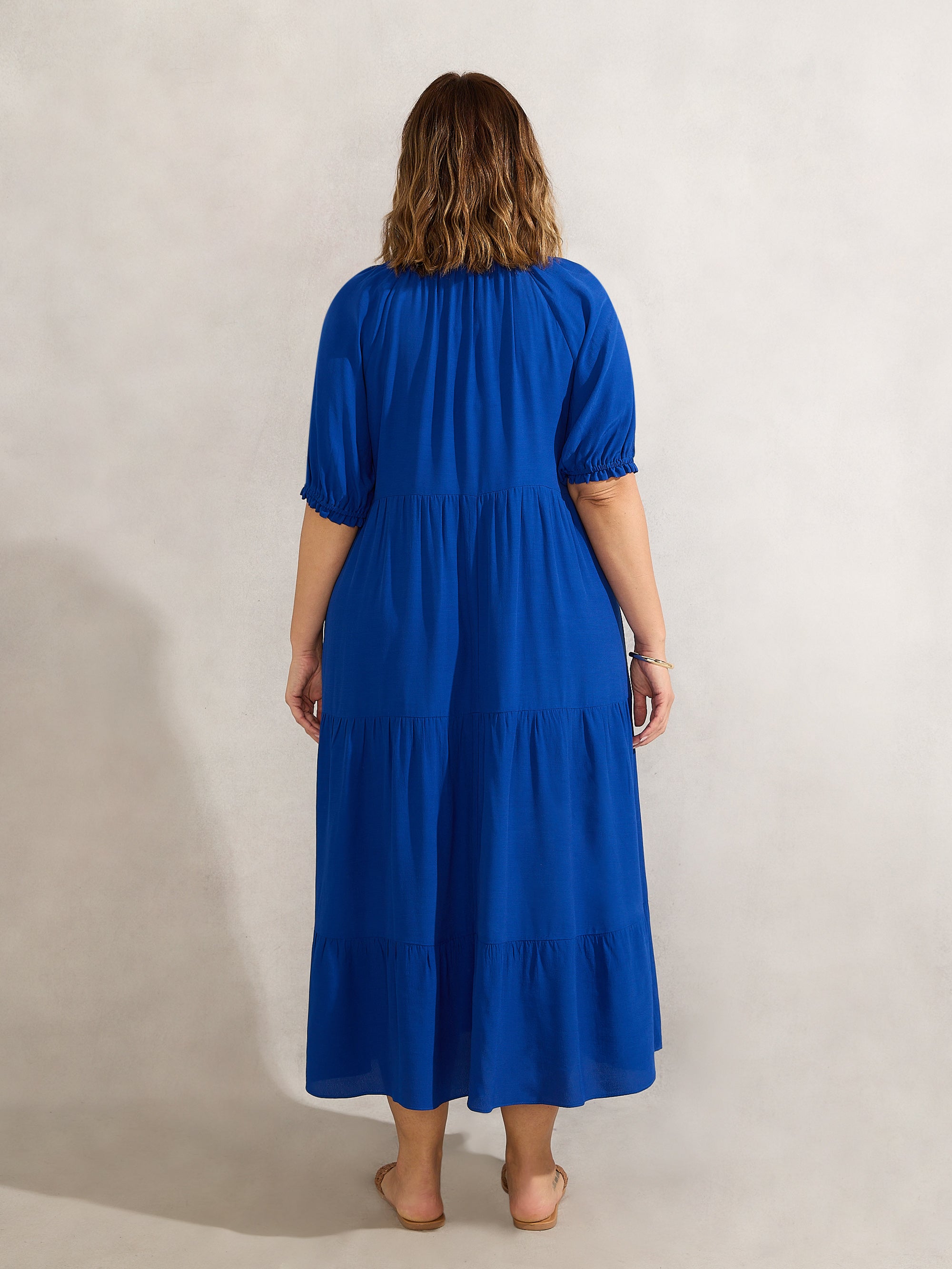 Blue Tiered V Neck Midiaxi Dress