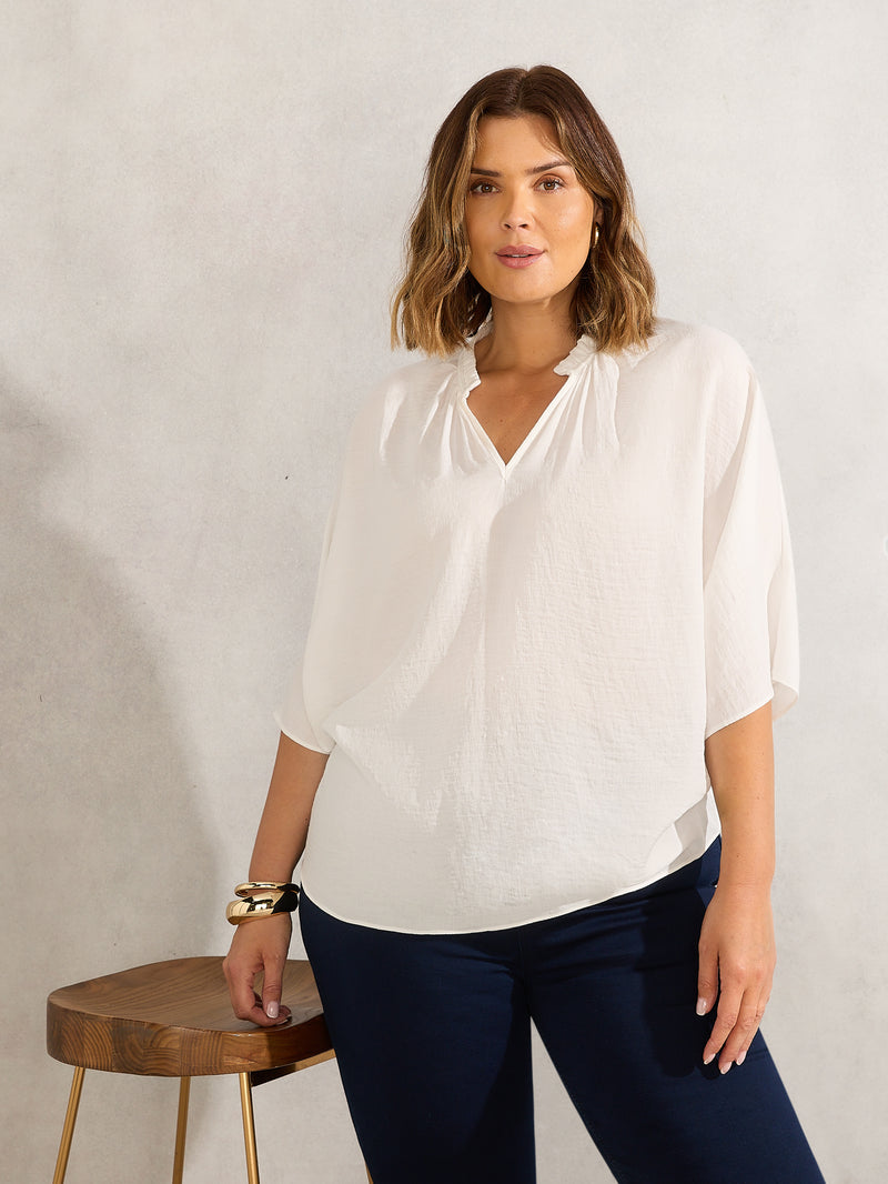 Ivory Dolman Sleeve Gathered Neck Top