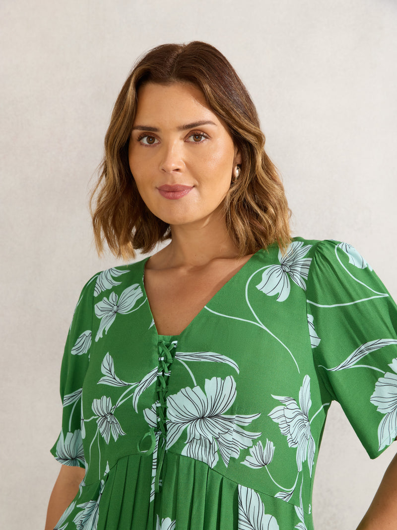 Green Floral Print Short Sleeve Lace Up Dress