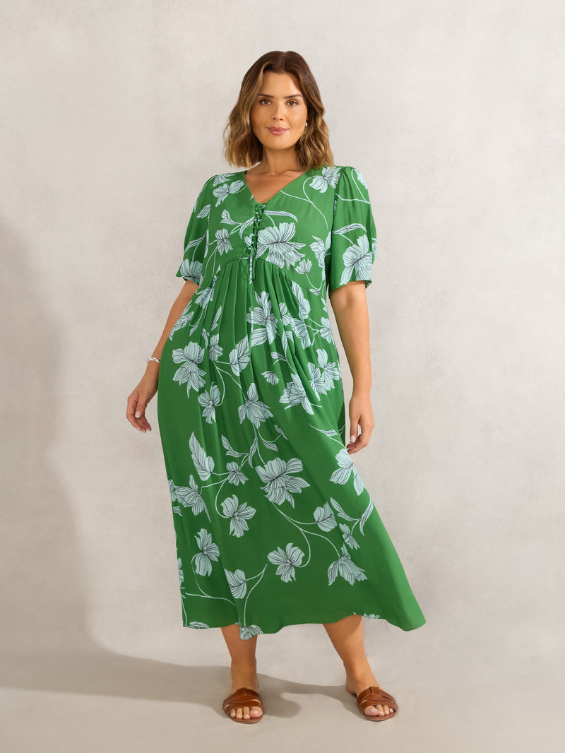 Petite Green Floral Print Short Sleeve Lace Up Dress
