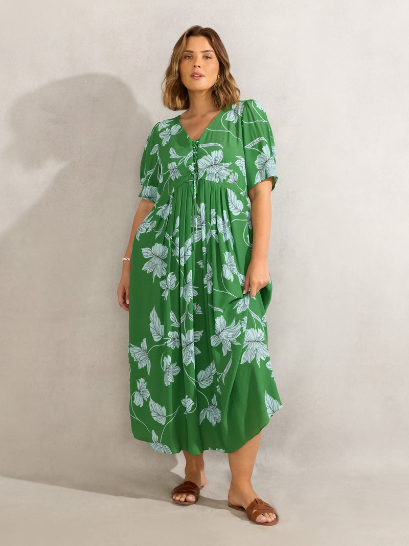 Petite Green Floral Print Short Sleeve Lace Up Dress