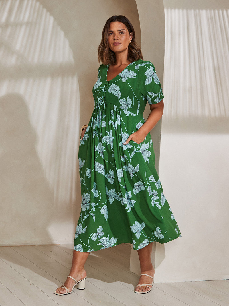 Green Floral Print Short Sleeve Lace Up Dress