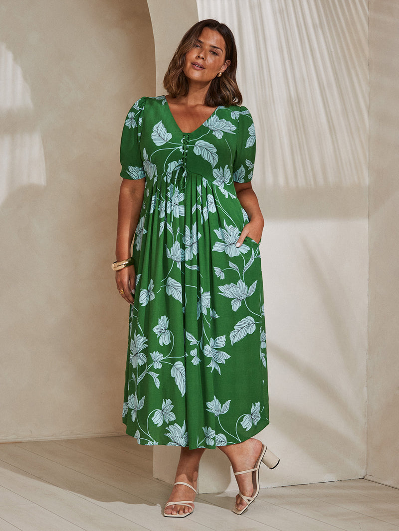 Green Floral Print Short Sleeve Lace Up Dress