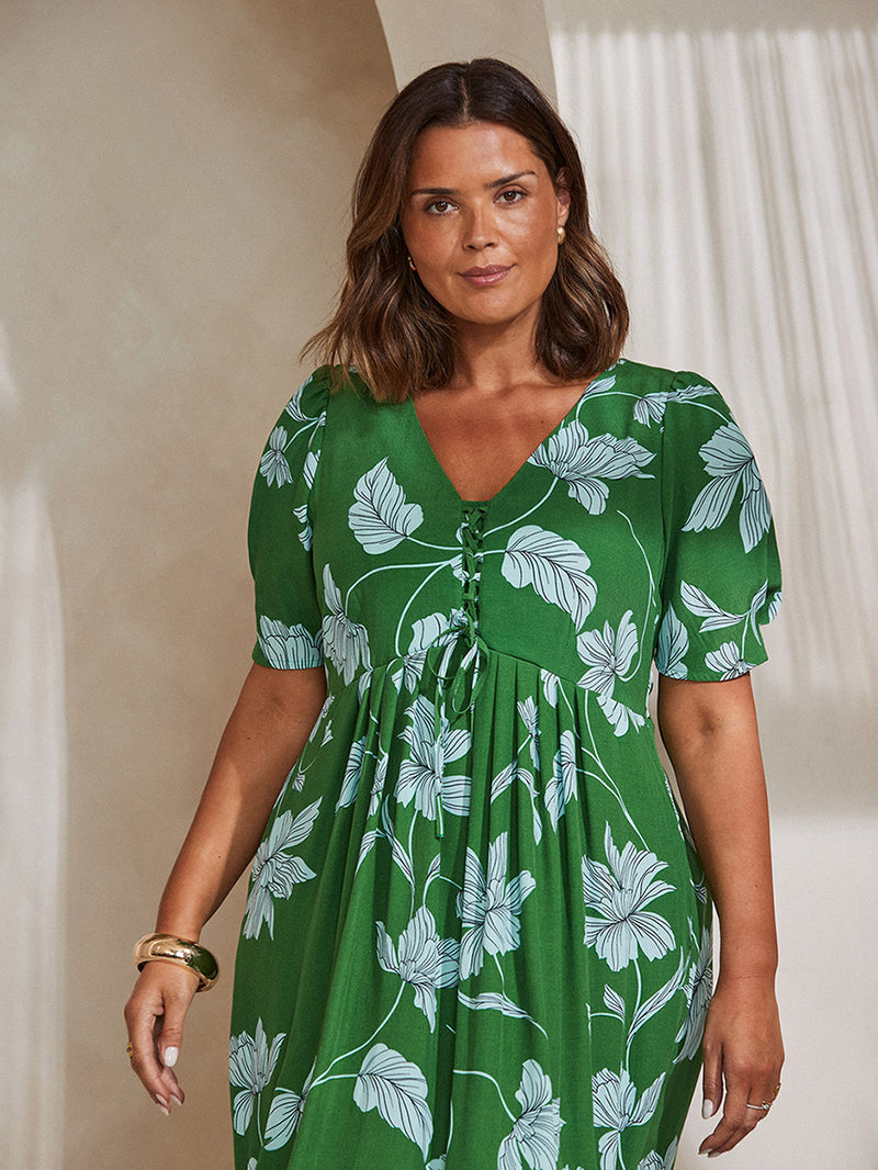 Green Floral Print Short Sleeve Lace Up Dress