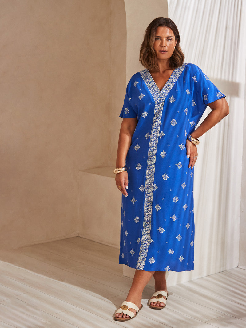 Blue Placement Print V Neck Midaxi Dress
